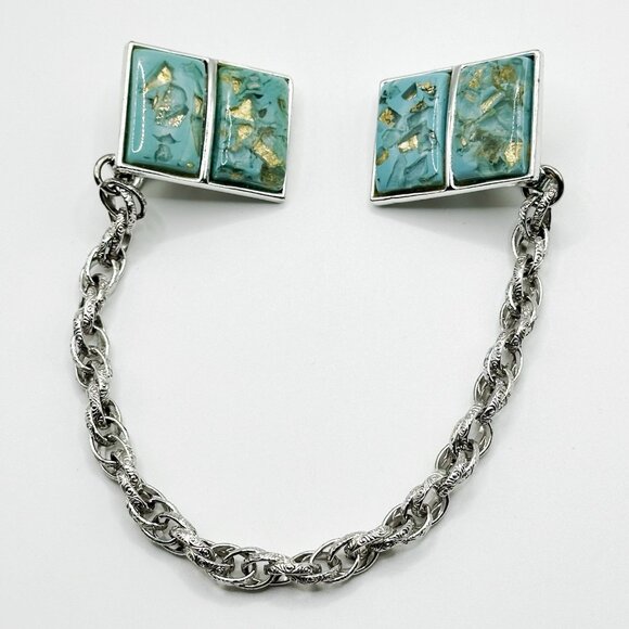 Vintage Teal Thermoset Resin Sweater Clip Guard Golden Glitter Rectangle Clip - Picture 1 of 5